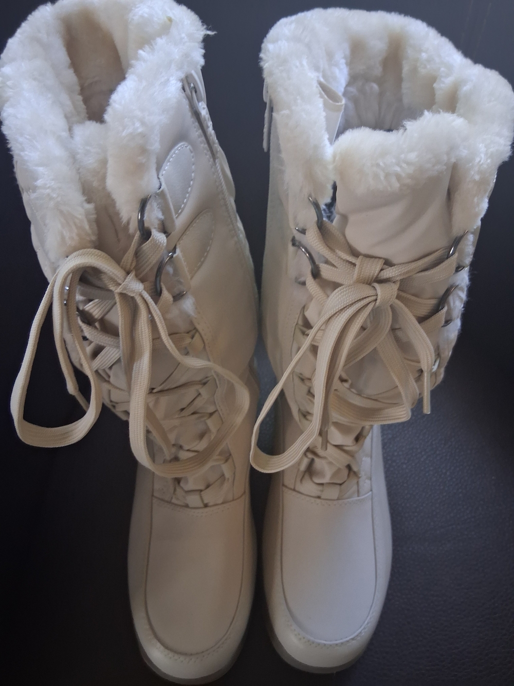 totes Cream Faux-Fur Lace-Up Winter Boots